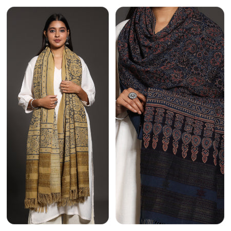 Traditional Ajrakh Block Printed Handwoven Pure Woolen Shawls from Kutch